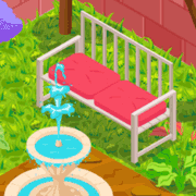 Pink bench in a cute, green garden.