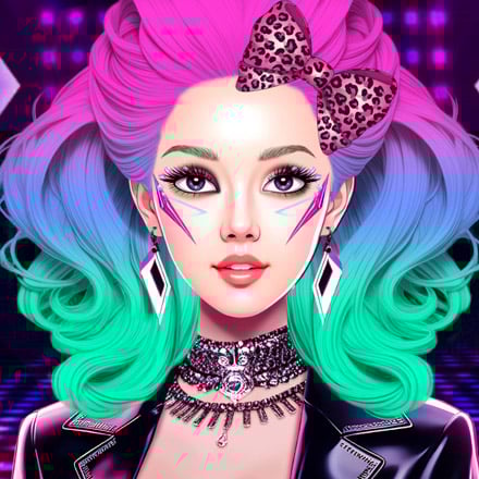 Glam anime inspired Korean girl with pink to teal hair wearing a tiara surrounded by makeup and accessories in a neon stage setting