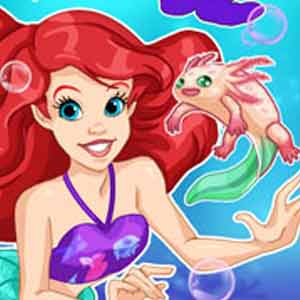 Mermaid Ariel and a pet axolotl
