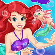 Mermaid Ariel and a pet axolotl