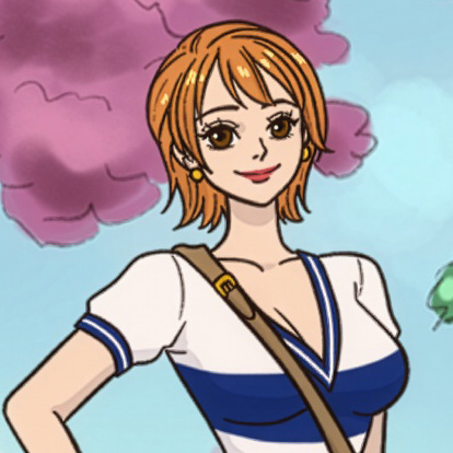 Nami from One Piece in her striped blue shirt