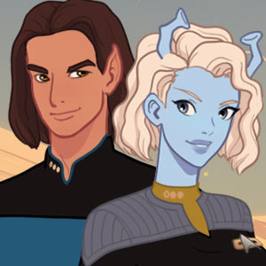 Andorian woman and human man in Star Trek