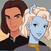Andorian woman and human man in Star Trek