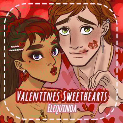 A cute illustrated couple leaning close together in red and pink outfits with soft Valentine themed backgrounds and heart details