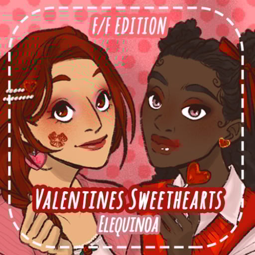Two illustrated girls in a romantic Valentine themed portrait with matching pink and red styling and soft heart details