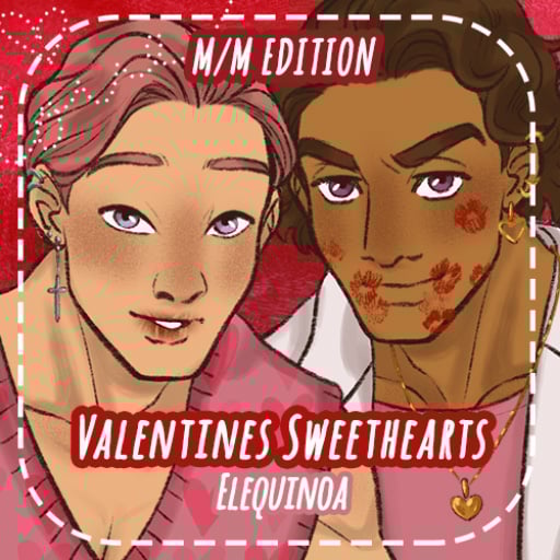 Two illustrated men posing together in a Valentine themed couple portrait with warm colors and heart accents