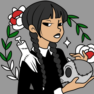 Wednesday Addams holding a skull