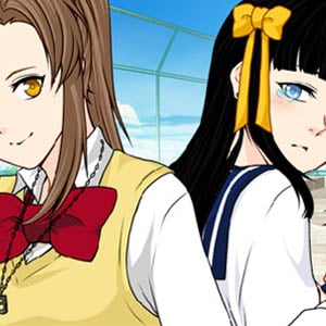 Cute anime-style, kawaii, scene creator of a girl couple in a school or college