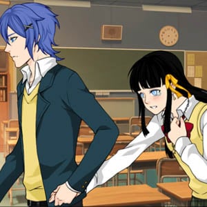 Adorable anime-style, kawaii, scene creator of a boy and a girl in a school