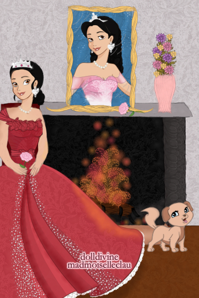 Queen and Princess by Fireplace ~ Up above the fireplace is a portrait of 